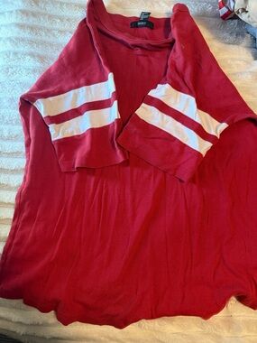 Forever 21 Red Short Sleeve Tee with White Sleeve Stripes small